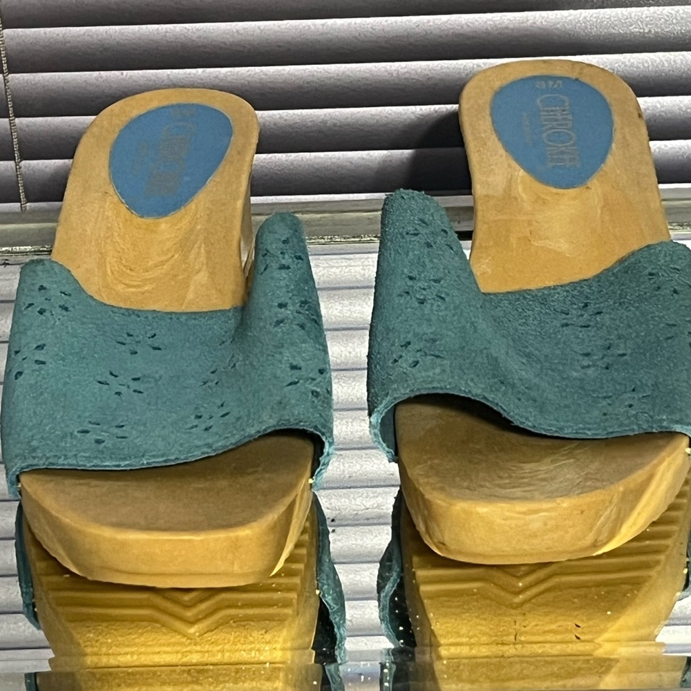 Cherokee Turquoise Mules Clogs Wood  leather suede heels wood shoes vintage Y2K